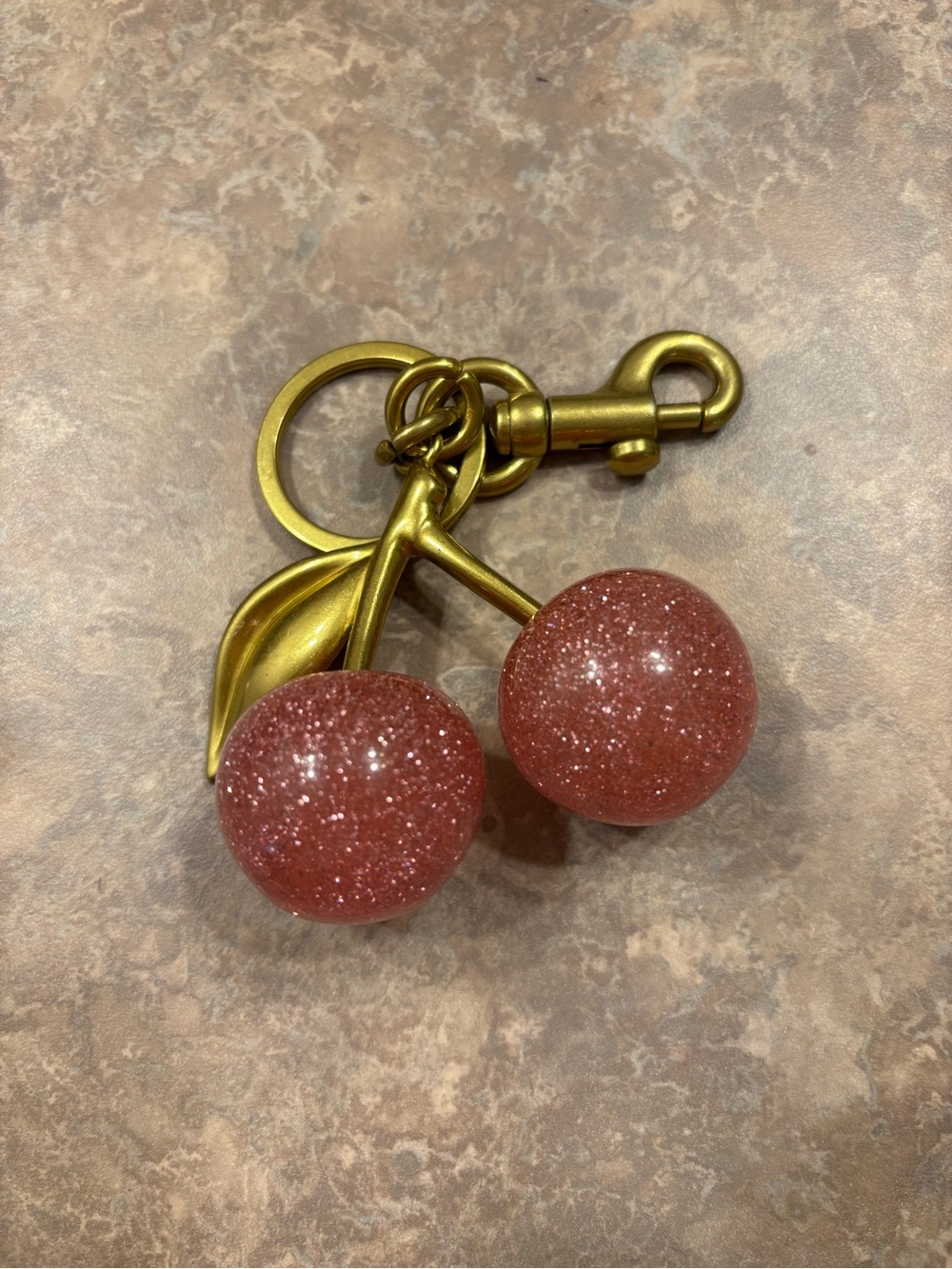 Glitter Pink Cherry Key Chain and Charm - Gold Hardware